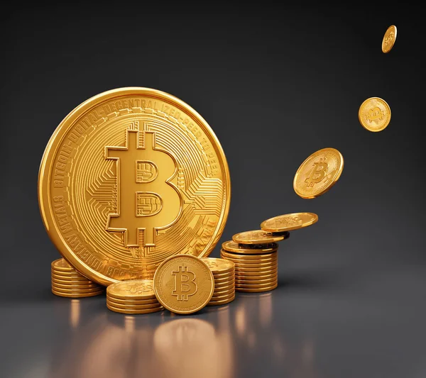 Şifreli para ve para biriktirme konseptiyle dolu bitcoin paralar. 3d oluşturma.
