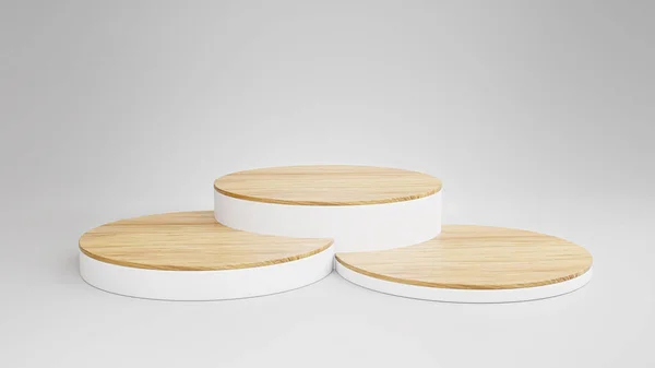 Geometrik ahşap ürün görüntüsü veya vitrin beyazı arkaplan, podyum sunumu için minimalist model veya tasarım için fotokopi alanı olan platform ürün şablonu konsepti. 3B görüntüleme.