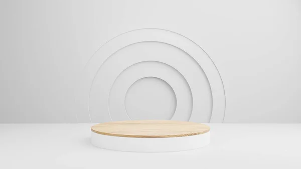 Ürün sunumu için soyut beyaz kompozisyonda minimalist ahşap podyum, tasarım için fotokopi alanı ile platform ürün şablonu konsepti. 3B görüntüleme.