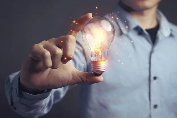 Man holding light bulbs, ideas of new ideas beautiful creative and communicate the new inventions with innovative technology and creativity. concept creativity with bulbs that shine glitter