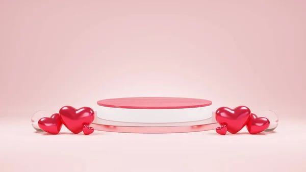 Sevgililer Günü Kırmızı ve Beyaz Minimalist Model Podyumu, Pembe arka planda Şablon veya platform ürün şablonu konsepti için vitrin kaidesi. 3B görüntüleme