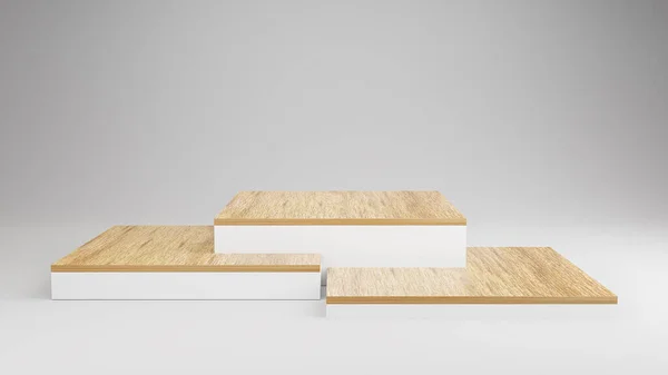 Soyut beyaz kompozisyonda ahşap podyum görüntüsü, podyum sunumu için minimalist model veya tasarım için fotokopi alanı olan platform ürün şablonu konsepti. 3B görüntüleme.
