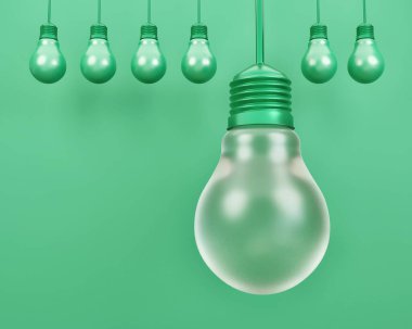 Basit pastel yeşil arka plan üzerindeki ampul sembolü yaratıcı fikir ve yeşil enerji fikri ve tasarruf konsepti, 3D görüntüleme.