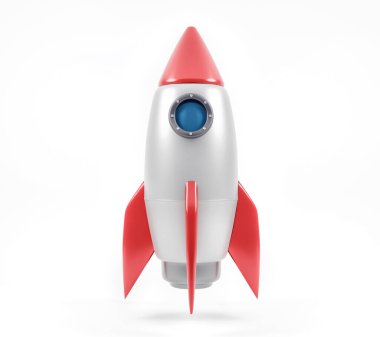 Beyaz arkaplanda roket izole edildi, basit retro uzay gemisi simgesi. Geliştirici konsepti ve hızlandırıcı 3d görüntü.