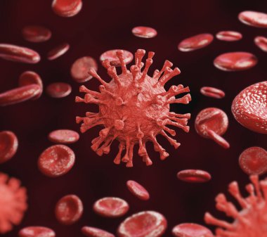 Virüs enfeksiyonunda kırmızı kan hücrelerinde dolaşan Coronavirus mikroskobik görüntü sembolü. İnsan vücudundaki virüs ve hücre kavramı.