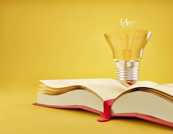 Лампочка Открытую Книгу Обучения Творчества Идея Концепции Желтом Фоне Копировальным — стоковое фото