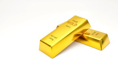 Beyaz arka planda iki altın külçesi. Borsada altın ticaretinin finansal ve ekonomik başarısı kavramı.