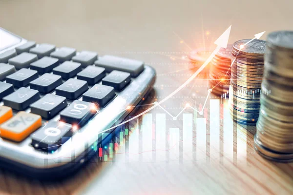 Financial market trade chart of stock market investment trading, arrow on stack of money coins growing, the concept of financial, business and economic exchange rates is growing.