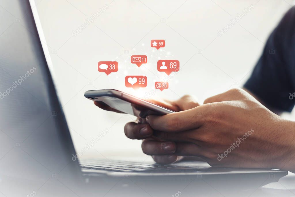 Man using their smartphones happily. Online Social and Modern Life. Online shopping, information finding, online meetings, social media and networking concept