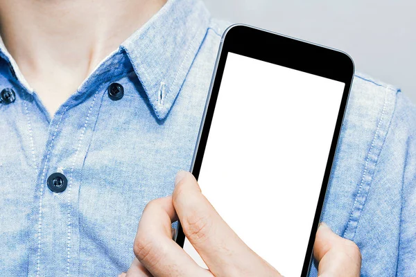 Show phone, device, show your identity,Phone white screen,Business man blue shirt