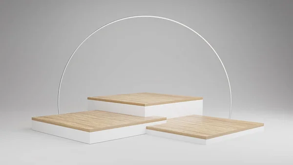 Tahta Podyum ürün görüntüsü veya vitrin beyazı arkaplan, sahne sunumu için minimalist modelleme veya tasarım için fotokopi alanı olan platform ürün şablonu konsepti. 3B görüntüleme.