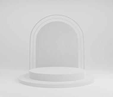 Ürün sunumu için soyut beyaz geometrik kompozisyonda minimalist podyum, tasarım için fotokopi alanı ile platform ürün şablonu konsepti. 3B görüntüleme.