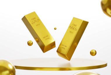 Sunumdaki altın çubuk beyaz bir arkaplan, zenginlik konsepti, hazine ve ticaret, yatırım, 3D sunum