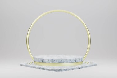 Kozmetik ürün sunumu, platform, vitrin, 3D görüntüleme için beyaz zemin üzerinde altın halkalar olan mermer mermer podyum.