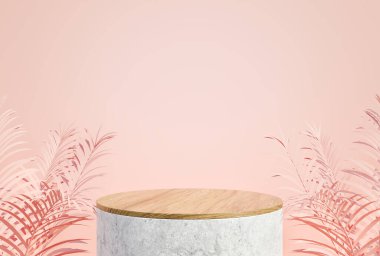 Kozmetik ürün sunumu için taş podyum üzerinde taklit ahşap, minimum pembe pastel arka plan 3D görüntüleme.