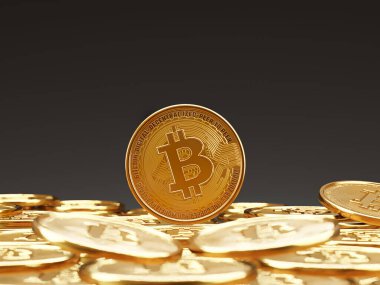 Şifreleme ve ticaret kavramı 3D oluşturma ile kara zemin üzerine istiflenmiş Bitcoin sikkeleri.