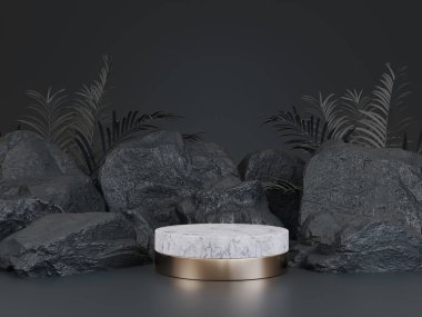 Siyah Geometrik Taş ve Kaya şekilli arka plan, podyum sunumu için minimalist model veya sergi, Dark Stone Spa Kömür Kavramı, 3D canlandırma.
