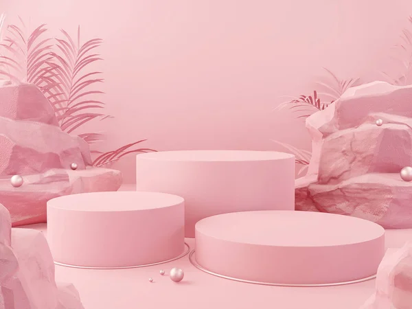 Soyut pembe renk geometrik taş, kaya şekli, Kozmetik ürün sunumu için minimalist model podyum sunumu veya vitrin, 3D görüntüleme.