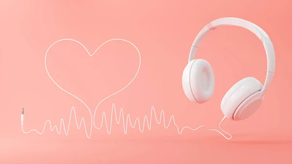 ピンクの背景に音波ケーブルの中心が付いている音楽及び白のヘッドフォンを聞きなさい バレンタインラブソングコンセプト 3Dレンダリング — ストック写真