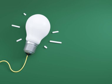 Yeşil arkaplanda ampul, yenilikçi fikir öğrenme kavramı, kopyalama alanı, 3d görüntüleme