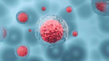İnsan hücresi ya da embriyonik kök hücre mikroskobu mavi ışık arka planı, hücresel terapi, 3D renderin