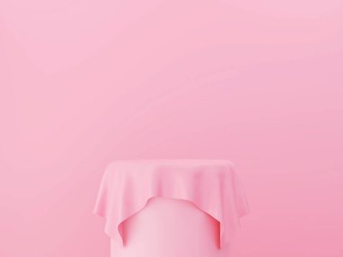 Masa örtüsüne sahip pembe ürün podyumu, Kozmetik ürünler sunum platformu veya vitrini için sahne görüntüsü, kopyalama alanı, 3d görüntüleme. 