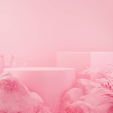 Soyut geometrik Taş, Kaya şekilli pembe ürün podyumu ürün sunumu veya sergisi için minimalist modelleme, 3D görüntüleme.