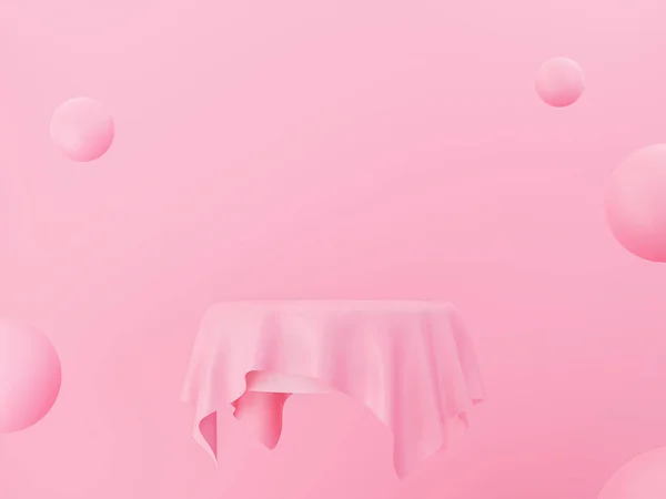 Masa örtüsü geometrik şekilli soyut pembe ürün podyumu, Kozmetik ürünler sunum platformu veya vitrini için sahne görüntüsü, 3D görüntüleme. 