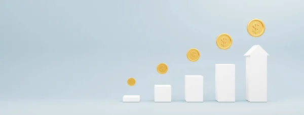 Merdiven sikkeleri, mavi arkaplan, yatırım, ticaret, iş konsepti, kopya alanı olan şablon tasarımı için Banner boyutu, 3d renderin