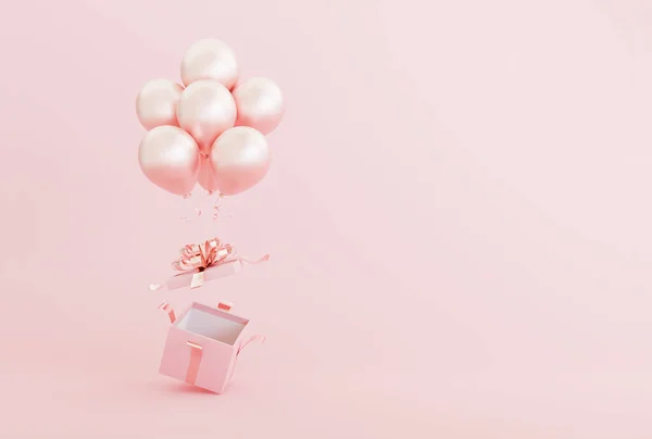 Sürpriz hediye kutusu ve pembe arka planda balonlar. Fotokopi alanı, yıldönümü, indirim, promosyon indirimi, boks günü konsepti, 3D çizim.