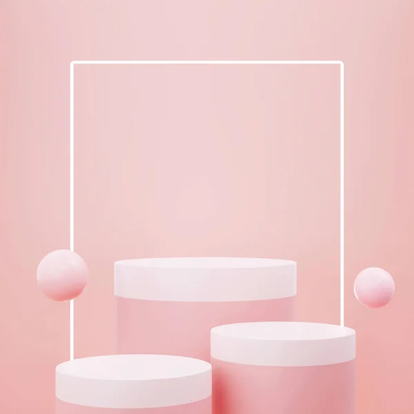 Pembe pastel duvarda podyum görüntüsü, kozmetik ürün sunumu veya vitrini için minimal sahne modeli, poster tasarım şablonu, 3D görüntüleme