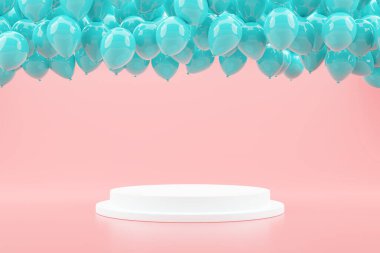 Soyut Mavi balonlar, pembe pastel arka planda ürün sunumu için podyumda süzülüyorlar, asgari fikir yaratıcı konsept, promosyon satışları, şenlik sezonu, 3D renderin