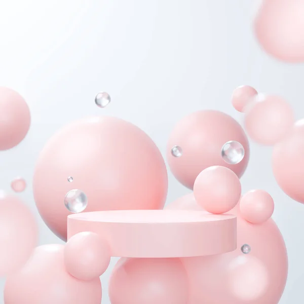 Pembe pastel arka planda soyut toplar, vitrin veya kozmetik ürün sunumu için minimalist podyum, cilt bakımı kavramı. 3d oluşturma 
