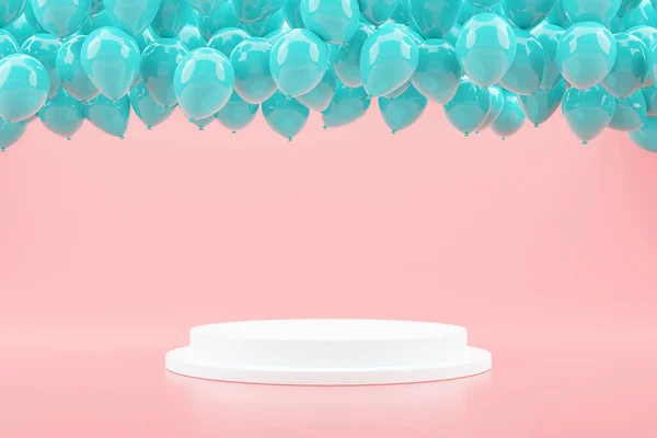 Soyut Mavi balonlar, pembe pastel arka planda ürün sunumu için podyumda süzülüyorlar, asgari fikir yaratıcı konsept, promosyon satışları, şenlik sezonu, 3D renderin