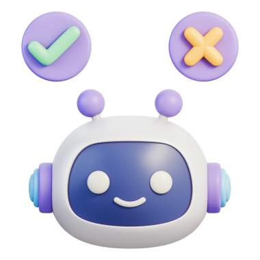 Yapay zeka robot yüzü kontrol işareti ve karar verme mekanizmasını temsil eden çapraz simgelerle, kullanıcılar ve akıllı servis için doğrulama ve dijital destek kavramlarıyla. Şeffaf arkaplan, 3d illüstrasyon.