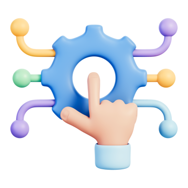 Dijital teknoloji ve veri akışı için otomasyon, kontrol ve sistem entegrasyon sürecini sembolize eden birbirine bağlı düğümlerle el teması ekipmanları. Şeffaf arkaplan, 3d illüstrasyon.