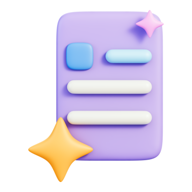 Kontrol listesi alanlarına sahip belge formu kartı, UI şablonu, iş akışı ve dijital içerik için sayfa düzenini gösteren metin ve yıldız parıltısı ögesi. Şeffaf arkaplan, 3d illüstrasyon.