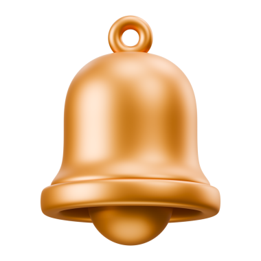 3D stilize edilmiş altın çan ikonu. Parlak lüks metalik jingle ödüllü ödül yeni yıl kutlaması etkinliği. Şeffaf arkaplan, 3d illüstrasyon.
