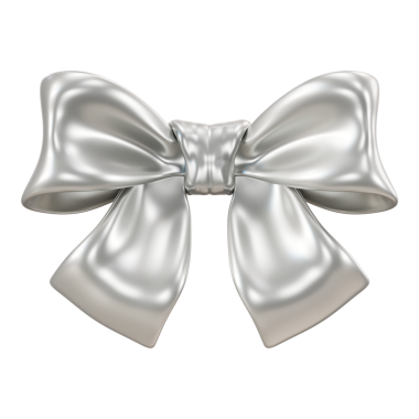 Gümüş 3D kurdele yayı. Evrensel hediye ambalajı için minimum lüks metalik dekorasyon, yeni yıl kutlaması, ve zarif düğün olayı aksanı.