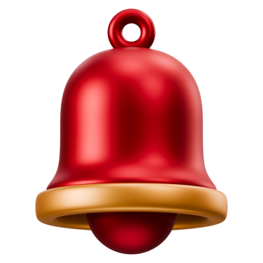Kırmızı ve altın rengi 3D kurdeleli Noel çanı. Bayram satışı duyurusu için minimal lüks metalik simge, premium bildirim uyarısı ve yeni yıl kutlaması.