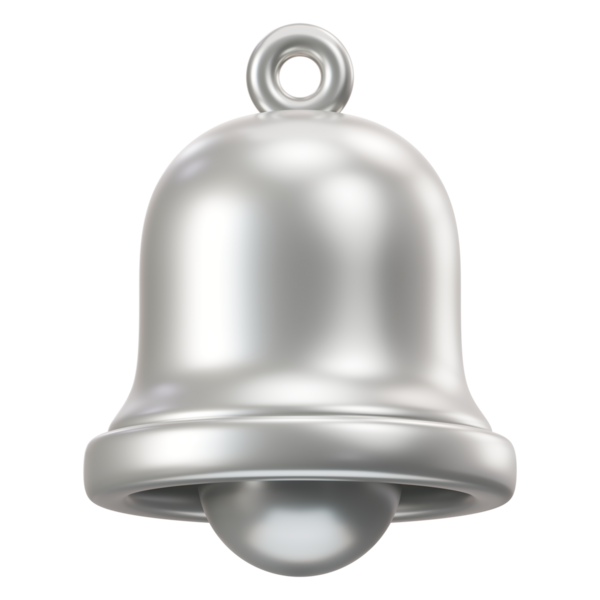 Kurdeleli gümüş 3D tek noel çanı. Bayram duyurusu için minimum lüks metalik enstrüman, kış sesi çanı, yeni yıl kutlaması ve zarif bayram bildirim simgesi.