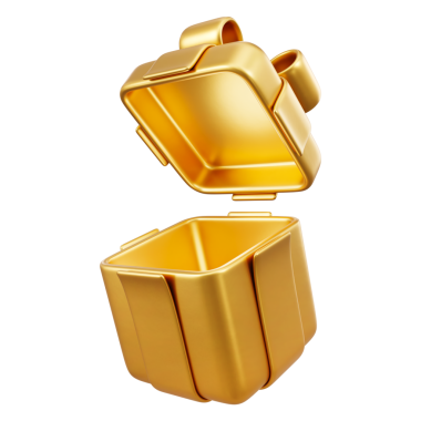 Altın hediye kutusunu aç, yüzen kapak, 3D yay. Büyük ikramiyeler, Noel ve doğum günü için parlak metalik sürpriz paket çizimi. Minimalist altın izole edilmiş maket boks ödülü çekme.