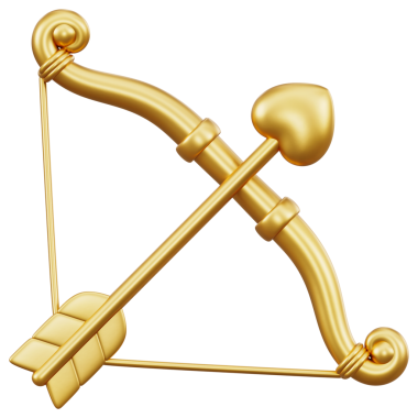 Altın Eros yayı ve kalp oku 3D element. Sevgililer Günü romantizmi ve evlilik yıldönümü için metalik, parlak bir aşk çizimi. Nişan için lüks, izole bir nesne. Ebedi aşk..