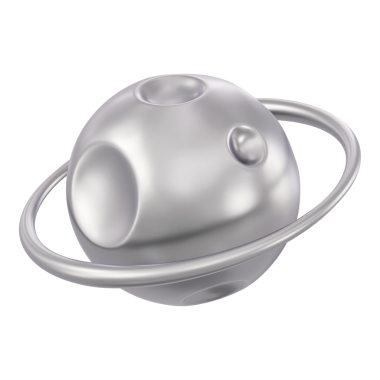 Gezegen 3 boyutlu çizim. Uzay keşfi, bilim kurgu ve gelecekteki kozmik teknoloji için halkaları ve kraterleri olan lüks gümüş metalik Satürn. Minimalist göksel ay, izole edilmiş bilim simgesi.