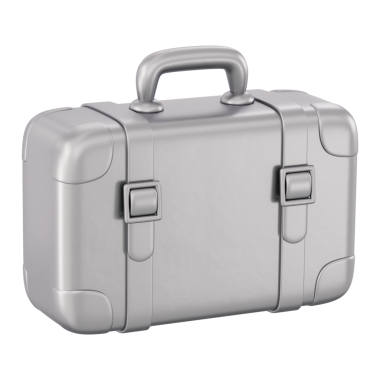 Gümüş bavul 3D çizim. Parlak metalik alüminyum ataşe çantası ve iş seyahatleri, banka güvenliği ve mali zenginlik için sert evrak çantası. İzole edilmiş 3B cilalı yönetici simgesi.