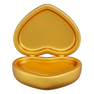 Altın kalpli mücevher kutusu, 3D çizim. Boş mat metalik kalp şeklinde yüzük modeli, sevgililer günü sürprizi, evlilik teklifi ve aşk yıldönümü için hediye kutusu. İzole edilmiş lüks ambalaj.