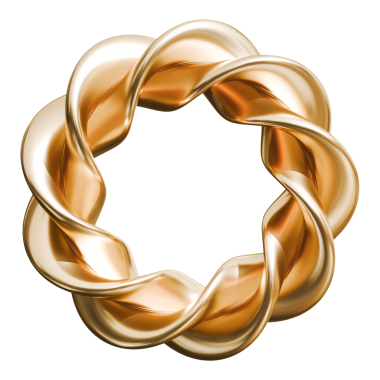 Altın burgulu halka soyut örülmüş torus şekli ve parlak metalik sonsuzluk düğümü, 3 boyutlu illüstrasyon