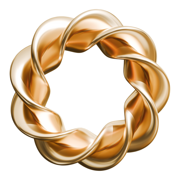 Altın burgulu halka soyut örülmüş torus şekli ve parlak metalik sonsuzluk düğümü, 3 boyutlu illüstrasyon