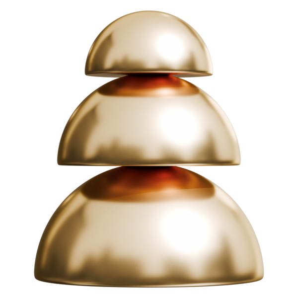 Altın katmanlı yarımküre yığını ve parlak metalik soyut kubbe yapısı, 3 boyutlu illüstrasyon
