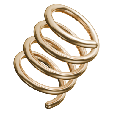 Altın spiral yay soyut element ve parlak metalik kıvrımlı tel, 3 boyutlu illüstrasyon